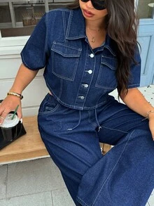 SHEIN ICON Women Plus Size Short Sleeve Fashion Washed Dark Denim Jacket