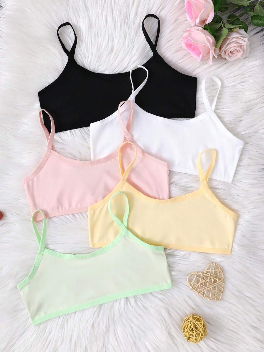 SHEIN 5件套少女简约舒适亲肤吊带背心,纯白色 - 彩色 - 查看 1