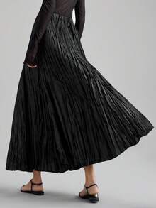 Ontre 2026春夏纯色弹力腰褶皱纹理面料长款休闲裙，优雅浪漫休闲通勤办公皆宜，适合婚礼宾客、海滩度假、音乐节、派对等场合。 - 黑色 - 查看 5