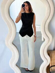 Aloruh Women's Elegant Commuter Fitted Cross Waist Solid Gray Shirt,Black Top - Black - View 7