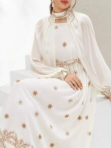 Al Najma Women's Contrast Color Printed Long Sleeve Arabic Style Dress  Arabic-Style Long Kaftan Robe, Arabic Women's Dress, Turkish Dress, Abaya Robe, Traditional Women's Dress Arabic Style Long Dress Kaftan Jalabiya Dress Arabic Dress For Women Turkish Dress Abaya Dress Abaya For Women Summer Dress   White Dresses For Women - Beige - View 6