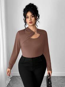 Elenzga Áo thun dài tay ôm sát thiết kế nhẫn trơn màu dành cho nữ - màu nâu - Xem 7