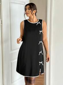 Lounesse Plus Size Elegant Black And White Summer Dress,Fitted Sleeveless Crew Neck Bowknot Side Slit Sundress For Women,Date Night Casual Spring Outfit - Black and White - View 5