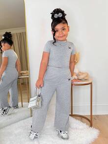 SHEIN 2pcs/Set Girls' Bow Print Knit Casual Matching Set, Fashionable Streetwear - Grey - View 7