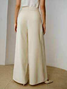 ZEYLAH Metal Buckle Decor Pleated Wide Leg Pants, Spring/Summer - Beige - View 3