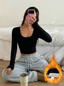 SHEIN EZwear 女式纯色圆领长袖修身休闲 T 恤，秋季 - 黑色 - 查看 8