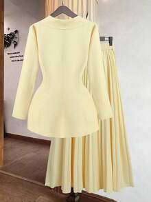 GlowEve Women's Gold Button Decor Blazer + Pleated Skirt Elegant Everyday Commute Versatile Minimalist Fashion Yellow 2 Pieces Set Fall Cloth For Women - Light Yellow - View 2