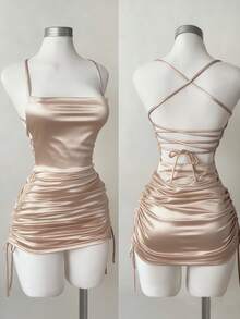 Franclia Minimalist Spaghetti Strap Sexy Ruched Decor Low-Cut Women Dress - Champagne - View 2