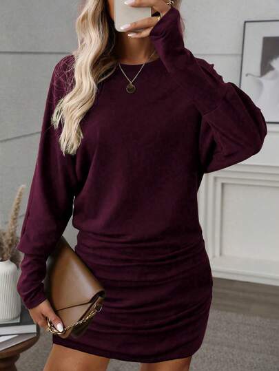 EMERY ROSE Fashionable New Burgundy Casual Long Sleeve Drop Shoulder Ruched Hem Bodycon Dress, Autumn/Winter