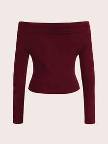 Aloruh 女士纯色时尚长袖露肩褶皱性感T恤 - 酒紅色 - 查看 6