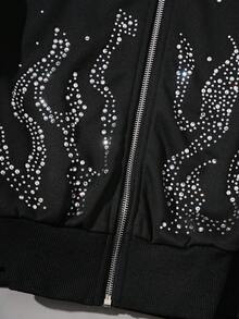 ROMWE MEN Men's Casual Rhinestone Letter & Flame Pattern Zip-Up Hoodie Sweatshirt, Autumn - Black - View 2