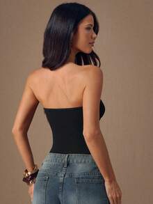 SHEIN BAE Black Sexy Sheer Mesh Patchwork Asymmetric Strapless Bodysuit, Suitable For Autumn/Winter,Valentine's Day