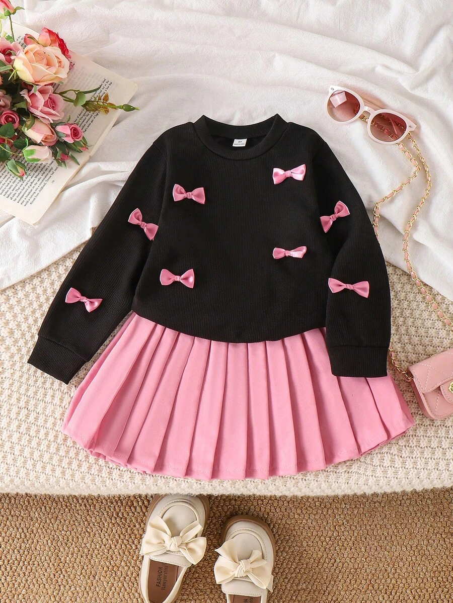 Girls' Apricot Long Sleeve Textured Top And Pleated Skirt 2 Pieces Set, Cute Bow Decor, Fashionable For Spring/Autumn - Black - View 1