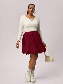 SHEIN Tall CURVE Plus Size Black Casual Loose A-Line Skirt, Fashionable, Black Ruffle Skirt, Shorts - Burgundy - View 5