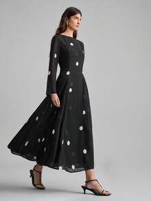 Ontre 2026春夏女士长款波点连衣裙，黑白配色，适合派对和情人节穿着，A字版型，收腰设计，长袖，圆领，休闲时尚，商务休闲，通勤穿着，显瘦，都市日常穿搭，简约优雅，百搭长裙 - 黑色 - 查看 2