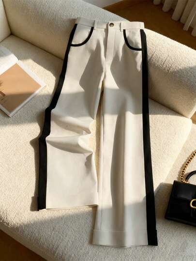 Minimalist Color-Blocked Lazy Drapecasua Pants Feature A High-Waisted Cutand Wide-Leg Silhouette That Hide Fleshand Elongate The Figure, Perfect For Botkcommuting And Casual Wear. The Drapyfabric Resists Wrinkles, Ideal For Lazypeople, And Easily Creates The Illusion Ofong Legs