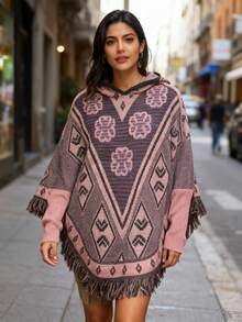 Poncho para mujer estilo casual con capucha, manga larga, estampado, flecos, holgado, cuello en V, ideal para otoño-invierno y uso diario - Rosa - Ver 3