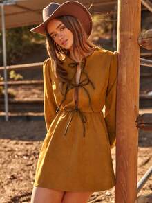 WESTFADE 仿麂皮蝴蝶结长袖连体裤，适合冬季、波西米亚风、西部风、假日、圣诞节、新年、纳什维尔牛仔女郎风格，休闲可爱 - 棕色 - 查看 1