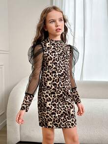 女大童豹紋印花網紗拼接羊腿袖小高領洋裝 - 彩色 - 查看 2