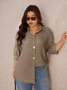 Elaquor 新款秋季大码休闲简约百搭金属扣条纹宽松女式衬衫，纽扣开襟，休闲女装 - 咖啡棕 - 查看 3