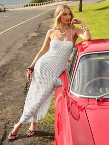 Aralina Fall / Winter Halter Neck Tie Up Polka Dot Y2K Maxi Dress With Ruffle Detail For Going Out And Night Out Dress Perfect For Homecoming - White - View 9