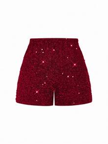 Ellevyn Women Burgundy Sequin Mini Shorts With Zipper Detail Woven Fabric Party Style - Burgundy - View 7