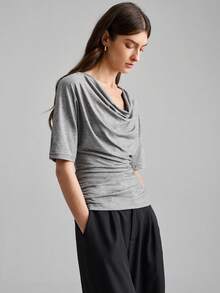 Ontre 2025 New Autumn Women's Draped Neck 3/4 Sleeve Top, Elegant Style, Material, Fabric, Knit Fabric, Ladies Business Casual T-Shirt, Office Commute Basic Blouse - Grey - View 4