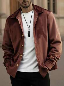 Manfinity NXTstreet 男士休闲百搭纯色丝绒衬衫，秋季红白配色，长袖上衣 - 棕色 - 查看 9