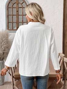 EMERY ROSE 女士休闲日常通勤简约纯色长袖褶裥宽松衬衫，春秋季 - 白色 - 查看 2