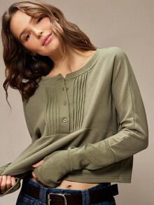 WESTFADE 圆领长袖华夫格针织衫，纽扣前襟，拇指孔袖口，褶裥宽松上衣，适合冬季、波西米亚风、西部风、假日、圣诞节、新年、纳什维尔牛仔风、休闲、可爱风格。 - 橄欖綠 - 查看 2