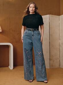Anewsta 女士高腰优雅刺绣镂空宽松阔腿大码牛仔裤，适合春季、情人节、派对穿着 - 藍色 - 查看 6