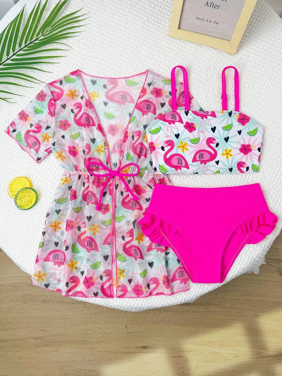 SHEIN 3件套女童泳衣套装,可爱卡通印花,时尚休闲优雅,适合游泳、度假、夏季保暖圣诞节节日新年情人节泳装罩衫3件套女童泳衣套装3件套比基尼套装粉色花朵比基尼粉色火烈鸟泳衣女童 - 彩色 - 查看 1