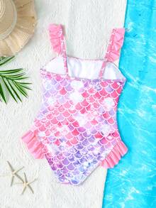 SHEIN 少女情人节度假休闲沙滩渐变鱼鳞印花荷叶边连体泳衣 - 粉色 - 查看 8