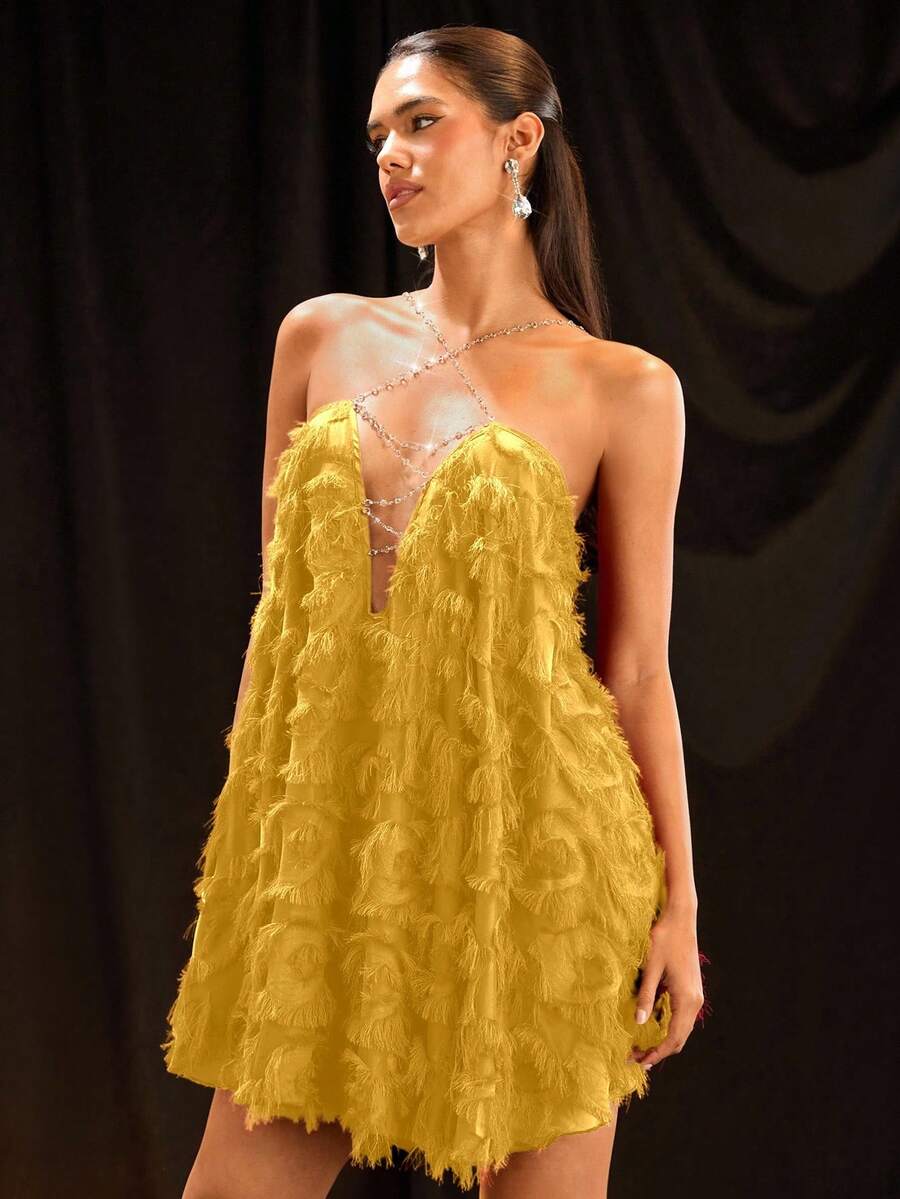 Glamine Women Loose Strap Backless Rhinestone Feather Decor Dress For New Year Clothes - Yellow - View 1