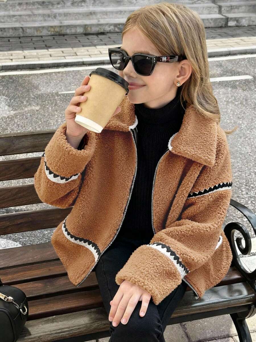 SHEIN 少女休闲街头风时尚拉链外套，仿皮领，撞色缎带饰边，宽松泰迪绒面料，秋冬款 - 棕色 - 查看 1