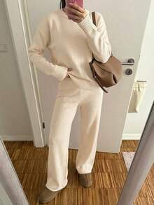 SHEIN EZwear 秋冬款女士纯色圆领长袖毛衣上衣和裤子常规休闲针织套装 2 件套