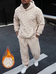 Manfinity CasualCool Men's Casual Plush Hoodie Set, Autumn/Winter Mens Knitted Set Mens Co Ord Set Cream Outfit Men Mens Fleece Set Men 2 Piece Set - Apricot - View 1