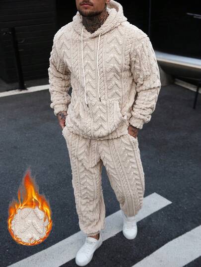 Manfinity CasualCool Men's Casual Plush Hoodie Set, Autumn/Winter Mens Knitted Set Mens Co Ord Set Cream Outfit Men Mens Fleece Set Men 2 Piece Set