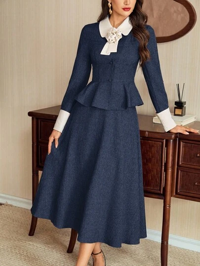 Vintamour Vintage Classic Elegant Women's 2 Pieces Set, Fitted Contrast Color Collar 2 Pieces Set, 3D Floral 2 Pieces Set, Navy Blue Elegant Dress Vintage Dresses For Women, Women's Dress Spring Festival Outfits For Women