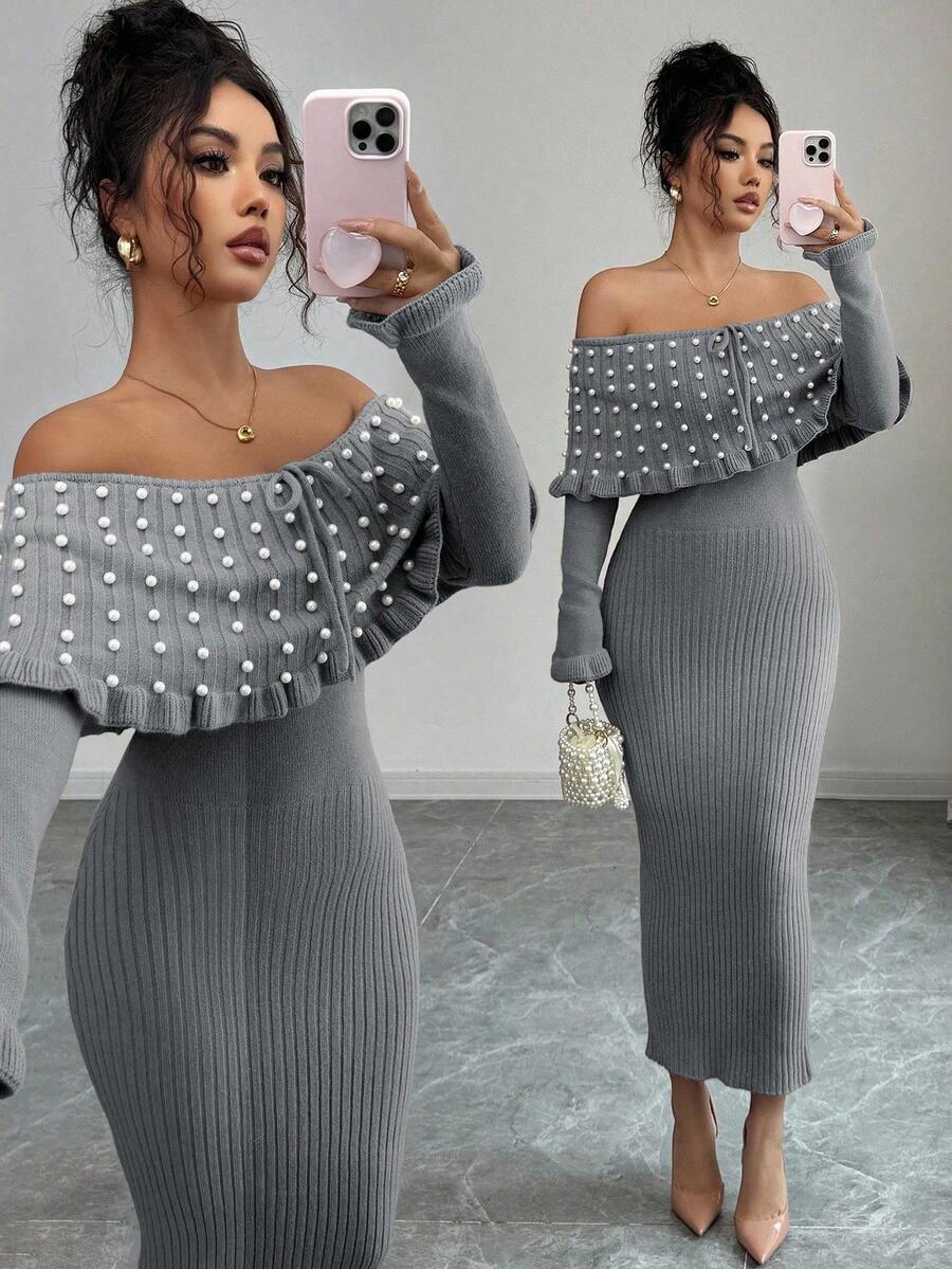 Rafferiza 女士纯色蝴蝶结长袖弹力修身露肩针织连衣裙，法式优雅珍珠装饰露肩超大领针织连衣裙，秋冬针织长裙，返校季针织连衣裙，音乐节，圣诞节，仙女装，秋季婚礼宾客连衣裙 - 灰色 - 查看 1