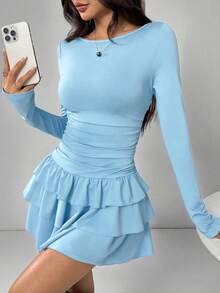 SHEIN EZwear Váy dài tay viền bèo nhún màu đỏ tía thanh lịch dành cho nữ - Màu xanh lam - Xem 6