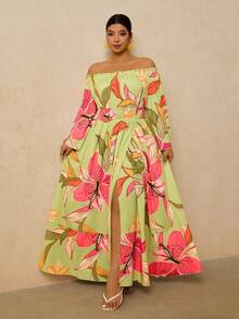 Travachic Robe longue à manches longues et imprimé floral vert pour femmes grandes tailles, robe longue à épaules dénudées avec taille cintrée et fente avant en forme de ligne A, robe romantique pour un rendez-vous au début du printemps - Vert - Voir 2