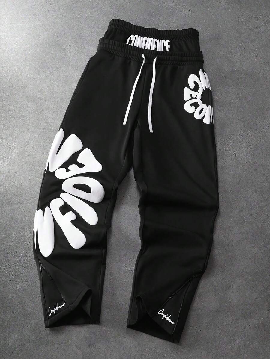 PAVTROS 男士字母印花抽绳阔腿休闲运动裤 黑色图案运动裤 男士字母印花弹力裤 Y2K 运动裤 男士街头风运动裤 街头风运动裤 - 黑色 - 查看 1