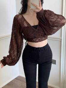 Feyla Elegant Romantic Lace V-Neck Lantern Sleeve Cropped Women Top - Coffee Brown - View 3