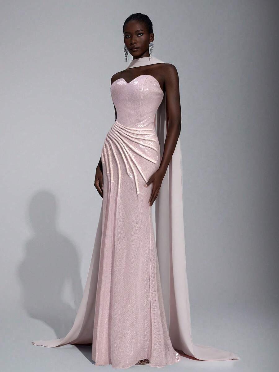 Elitara Women's Elegant Luxurious Deep Red Beaded Embroidered Handmade Drawstring Seashell Collar Slit A-Line Fish Tail Sequin Formal Evening Gown Dress - Baby Pink - View 1