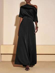 Zivah 2025 Autumn New Music Festival, Easter, St. Patrick's Day, Western, Nomadic, Birthday Party, Graduation Season, College Style, Student Wear, Casual Everyday, Basic Versatile, Casual, Vacation, Cruise Travel, Beach, Sunbathing, Viral , Streetwear, Wedding Guest Boho, Commute, Brunch, Airport, Party, Holiday Outings, Elegant Banquet Asymmetrical Shoulder Asymmetric Design Satin Jumpsuit Wide Leg Pants With Pockets - Black - View 4