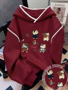 Resyla 女士卫衣 / 可爱小猫印花 / 休闲简约时尚卫衣 / 刺绣 / 时尚上衣 / 卡通卫衣 / 复古冬日卫衣 / 秋冬宽松圆领长袖连帽衫 / 女士春季套头衫、时尚卫衣、女士蕾丝边撞色连帽衫、长袖上衣、秋冬连帽衫 - 酒紅色 - 查看 1