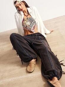 Bohemela Boho-Stil lässige weite Hose mit Kordelzug in der Taille, geeignet für Sommer, Strandurlaub, Valentinstag, Musikfestival