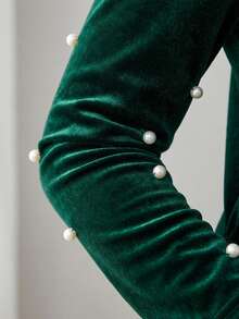 SHEIN Tween Girls Green Velvet V-Neck Beaded Christmas Dress, Suitable For Autumn And Winter, Party Wear, Daily Wear School, Birthday Dress, Princess Dress - Green - View 4