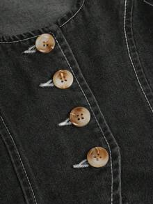 SHEIN 女童纯色前扣无袖上衣和长裤休闲牛仔套装 - 黑色 - 查看 6